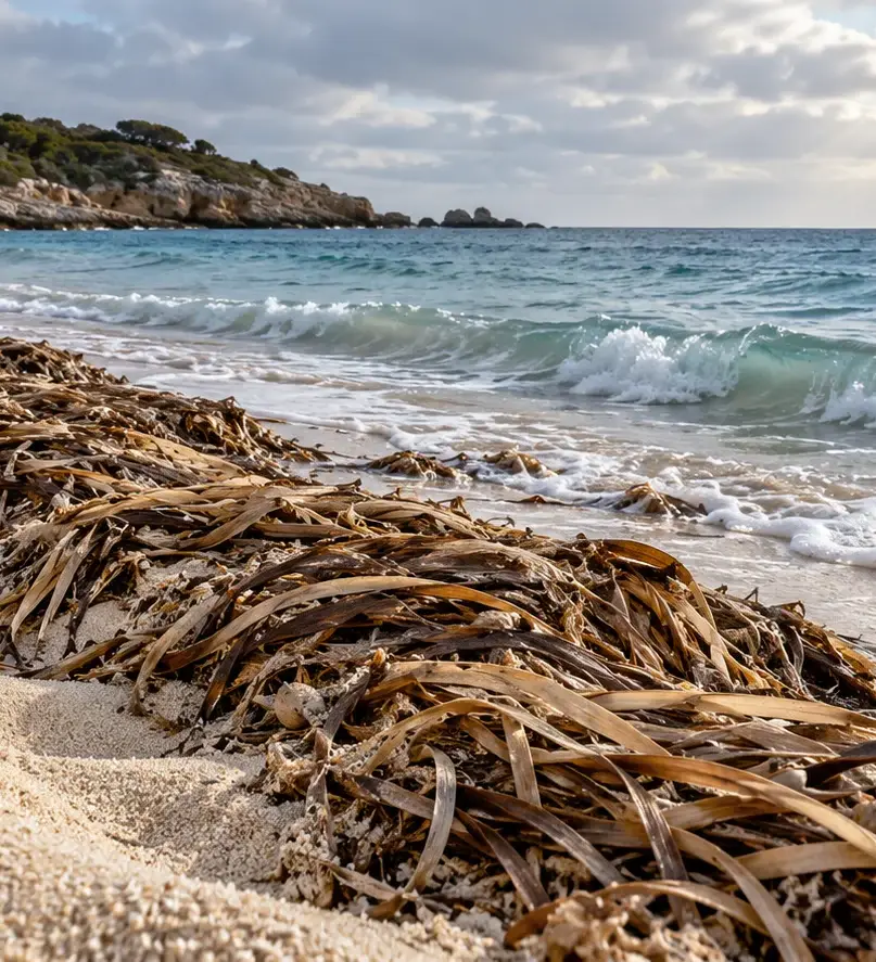 AI-generated illustration of posidonia leaves accumulated on a Mediterranean beach in winter