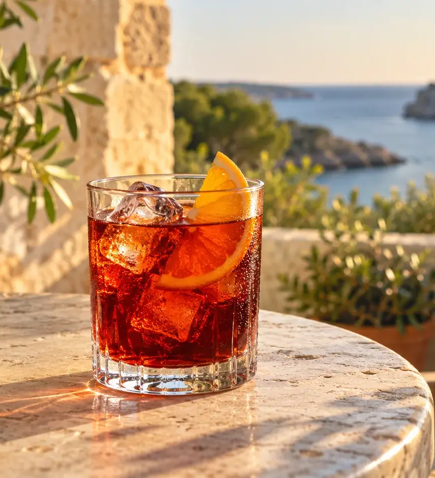 Ilustración generada con IA de un vermut con naranja y aceitunas en una terraza imaginaria