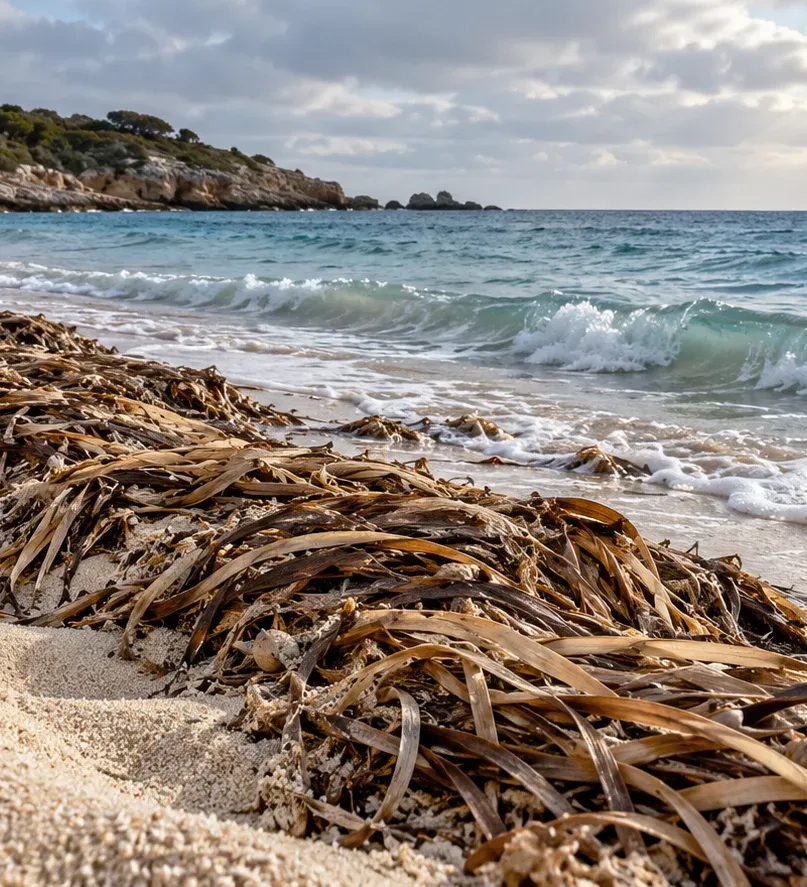 Ilustración generada con IA de hojas de posidonia acumuladas en una playa mediterránea durante el invierno
