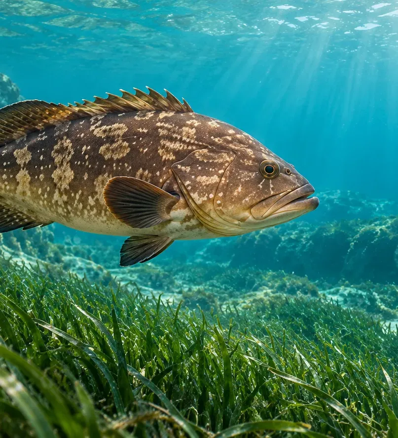 AI-generated illustration of a grouper above a Posidonia oceanica meadow