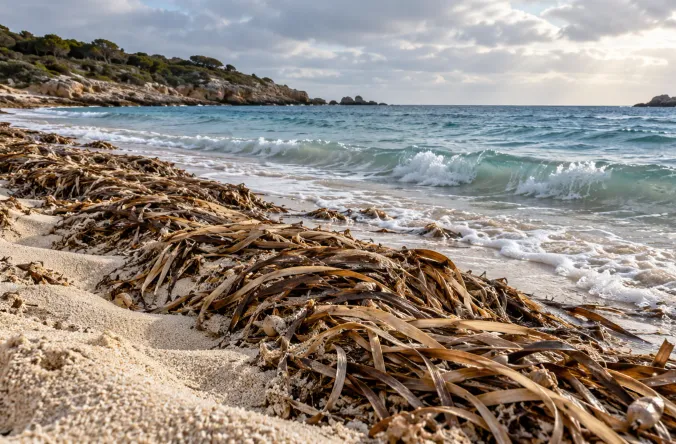 AI-generated illustration of posidonia leaves accumulated on a Mediterranean beach in winter