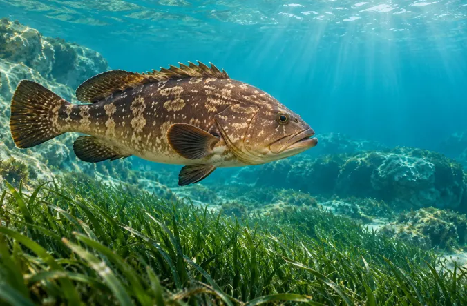 AI-generated illustration of a grouper above a Posidonia oceanica meadow