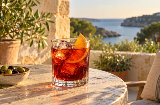 AI-generated illustration of vermouth with orange and olives on an imaginary terrace